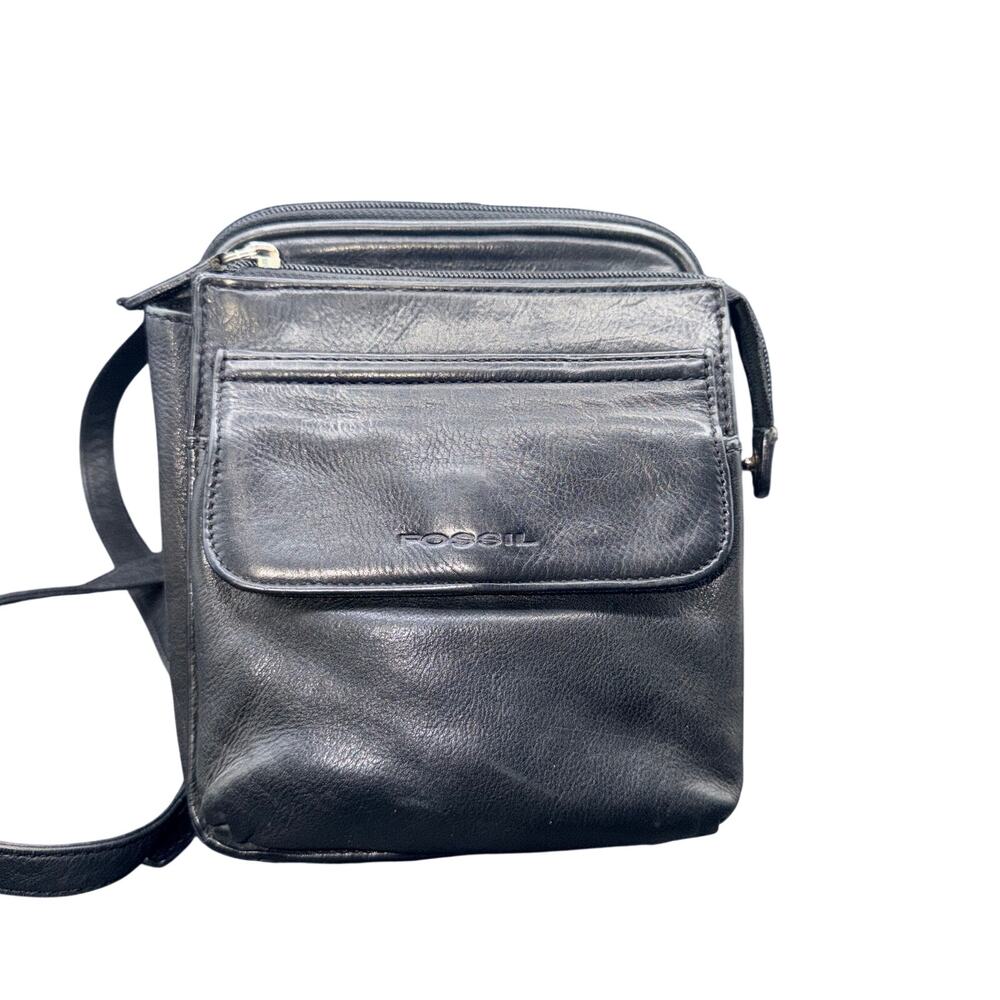 Fossil Black Leather Traveler Organizer Crossbody Bag Vintage